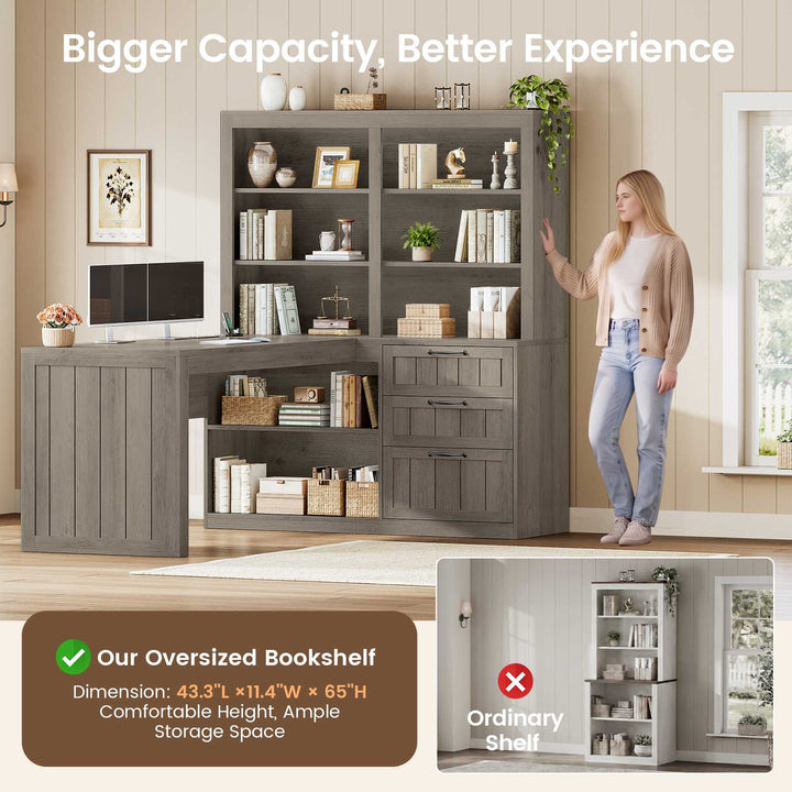SEDETA | 59 Inch Farmhouse Corner Wood Office Desk L Shaped Computer Desk with 3 Drawers 5-Tier Bookshelf Storage Shelves Power Outlet for Small Space