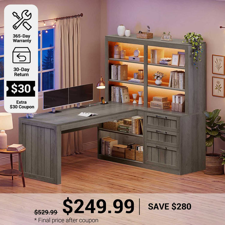SEDETA® 59 Inch Farmhouse L Shaped Computer Desk Wood Corner Office Desk with Power Outlet Storage Shelves 5-Tier Bookshelf 3 Drawers for Small Space