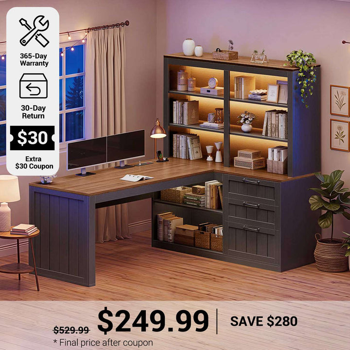 SEDETA® 59 Inch Farmhouse L Shaped Computer Desk Wood Corner Office Desk with Power Outlet Storage Shelves 5-Tier Bookshelf 3 Drawers for Small Space