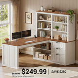 SEDETA | 59 Inch Farmhouse Corner Wood Office Desk L Shaped Computer Desk with 3 Drawers 5-Tier Bookshelf Storage Shelves Power Outlet for Small Space