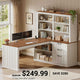 SEDETA | 59 Inch Farmhouse Corner Wood Office Desk L Shaped Computer Desk with 3 Drawers 5-Tier Bookshelf Storage Shelves Power Outlet for Small Space