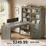 SEDETA | 59 Inch Farmhouse Corner Wood Office Desk L Shaped Computer Desk with 3 Drawers 5-Tier Bookshelf Storage Shelves Power Outlet for Small Space