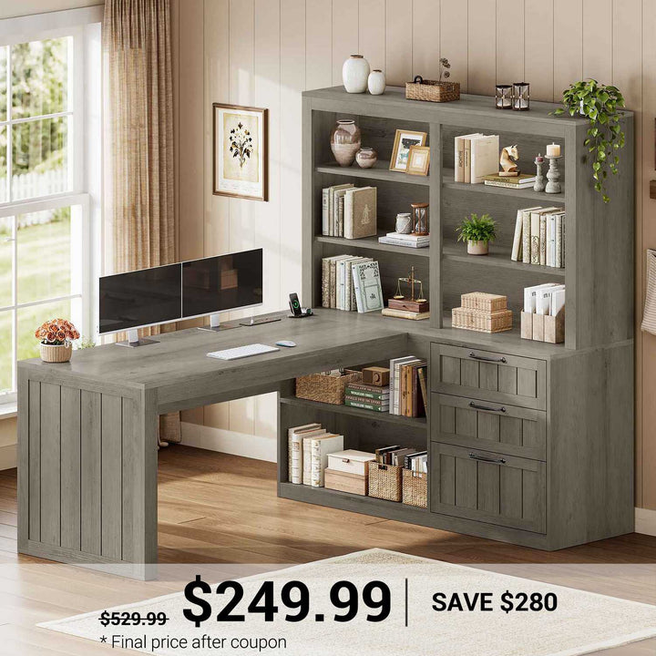 SEDETA | 59 Inch Farmhouse Corner Wood Office Desk L Shaped Computer Desk with 3 Drawers 5-Tier Bookshelf Storage Shelves Power Outlet for Small Space