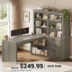 SEDETA | 59 Inch Farmhouse Corner Wood Office Desk L Shaped Computer Desk with 3 Drawers 5-Tier Bookshelf Storage Shelves Power Outlet for Small Space