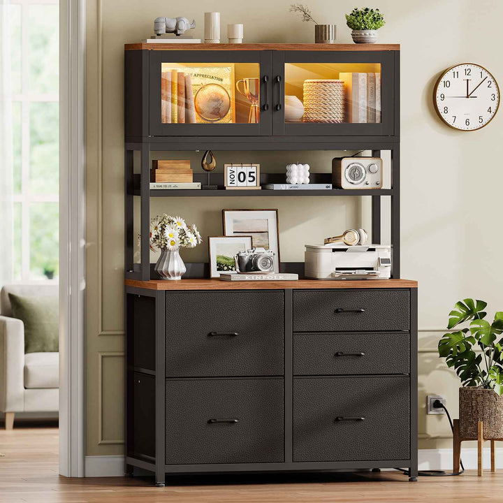 SEDETA 31.5 Inch 5 Drawer File Cabinet with Power Strip Filing Cabinet fits Legal Letter A4 Size File for Home Office with Printer Stand LED Lights and Storage Shelf