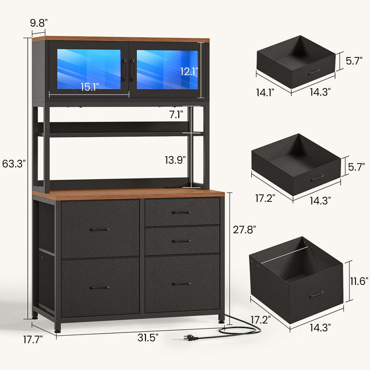 SEDETA 31.5 Inch 5 Drawer File Cabinet with Power Strip Filing Cabinet fits Legal Letter A4 Size File for Home Office with Printer Stand LED Lights and Storage Shelf