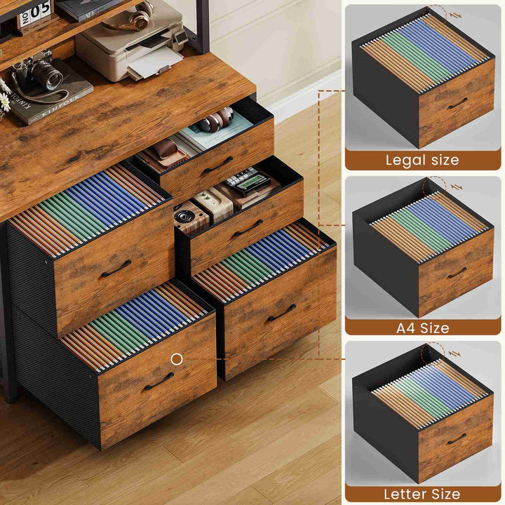 SEDETA 31.5 Inch 5 Drawer File Cabinet with Power Strip Filing Cabinet fits Legal Letter A4 Size File for Home Office with Printer Stand LED Lights and Storage Shelf