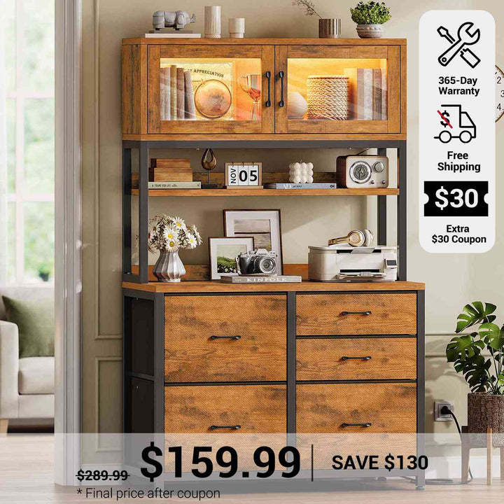 SEDETA 31.5 Inch 5 Drawer File Cabinet with Power Strip Filing Cabinet fits Legal Letter A4 Size File for Home Office with Printer Stand LED Lights and Storage Shelf