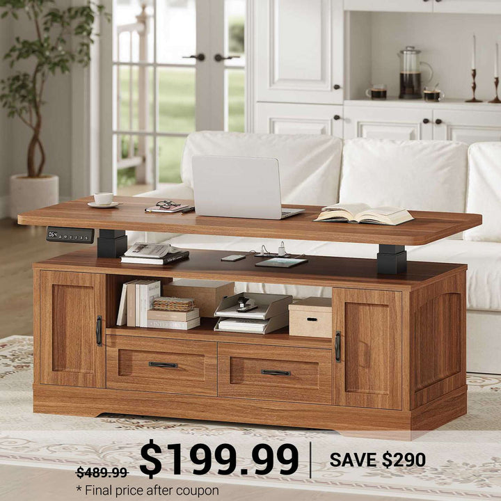 SEDETA 47.2 Inch Electric Standing Coffee Table with Storage Farmhouse Lift Top Coffee Table with Drawers and Open Shelves Height Adjustable Power Outlet