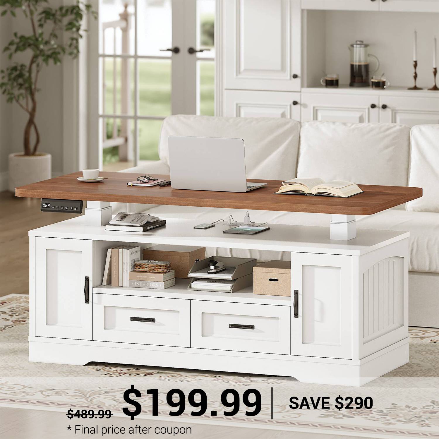 SEDETA 47.2 Inch Electric Standing Coffee Table with Storage Farmhouse