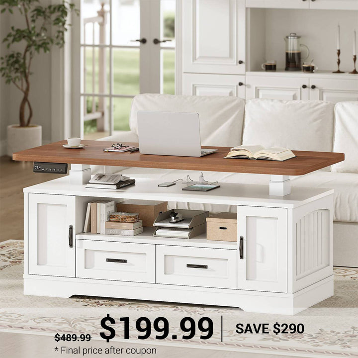 SEDETA 47.2 Inch Electric Standing Coffee Table with Storage Farmhouse Lift Top Coffee Table with Drawers and Open Shelves Height Adjustable Power Outlet