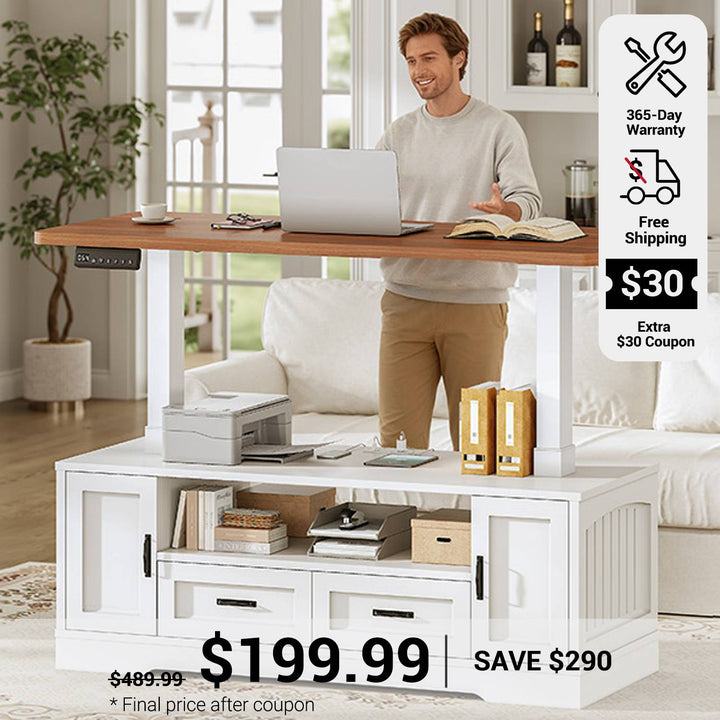 SEDETA 47.2 Inch Electric Standing Coffee Table with Storage Farmhouse Lift Top Coffee Table with Drawers and Open Shelves Height Adjustable Power Outlet
