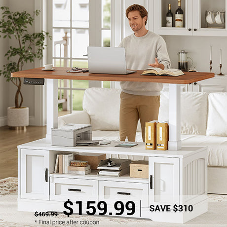 SEDETA | 47.2 Inch Farmhouse Lift Top Coffee Table Electric Standing Coffee Desk Height Adjustable with Power Outlet Storage Drawers Shelves