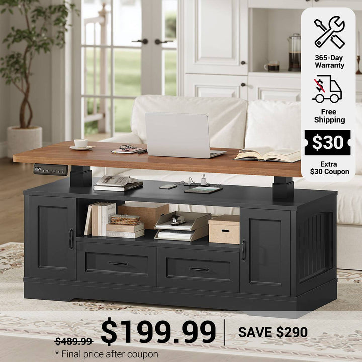 SEDETA 47.2 Inch Electric Standing Coffee Table with Storage Farmhouse Lift Top Coffee Table with Drawers and Open Shelves Height Adjustable Power Outlet