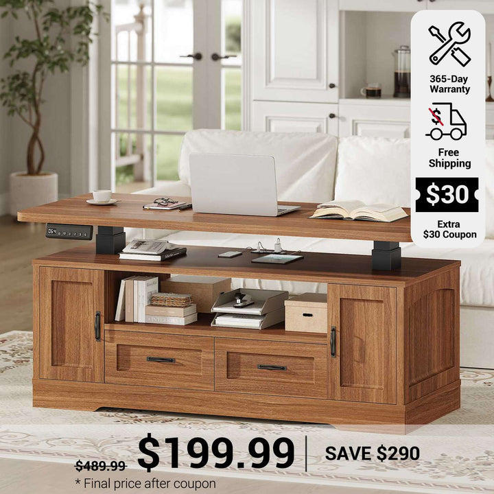 SEDETA 47.2 Inch Electric Standing Coffee Table with Storage Farmhouse Lift Top Coffee Table with Drawers and Open Shelves Height Adjustable Power Outlet