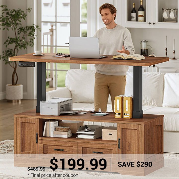 SEDETA 47.2 Inch Electric Standing Coffee Table with Storage Farmhouse Lift Top Coffee Table with Drawers and Open Shelves Height Adjustable Power Outlet