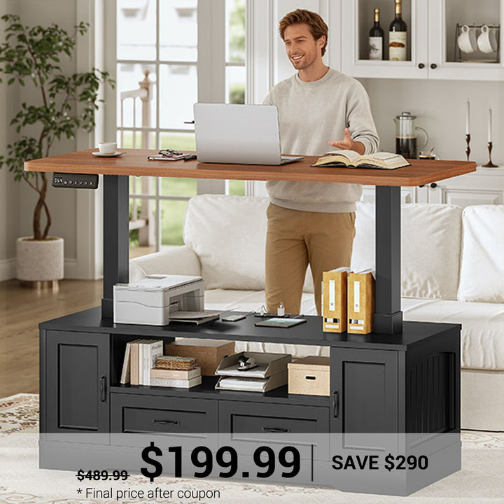 SEDETA 47.2 Inch Electric Standing Coffee Table with Storage Farmhouse Lift Top Coffee Table with Drawers and Open Shelves Height Adjustable Power Outlet