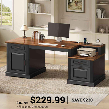 SEDETA | 62 Inch Farmhouse Computer Desk with Power Outlet Home Office Desk with  3 Drawers Executive Desk with Storage Cabinet for Home Office