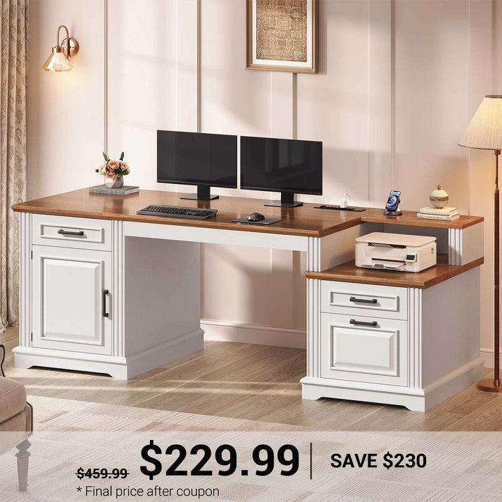 SEDETA | 62 Inch Farmhouse Computer Desk with Power Outlet Home Office Desk with  3 Drawers Executive Desk with Storage Cabinet for Home Office