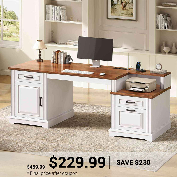 SEDETA | 62 Inch Farmhouse Computer Desk with Power Outlet Home Office Desk with  3 Drawers Executive Desk with Storage Cabinet for Home Office