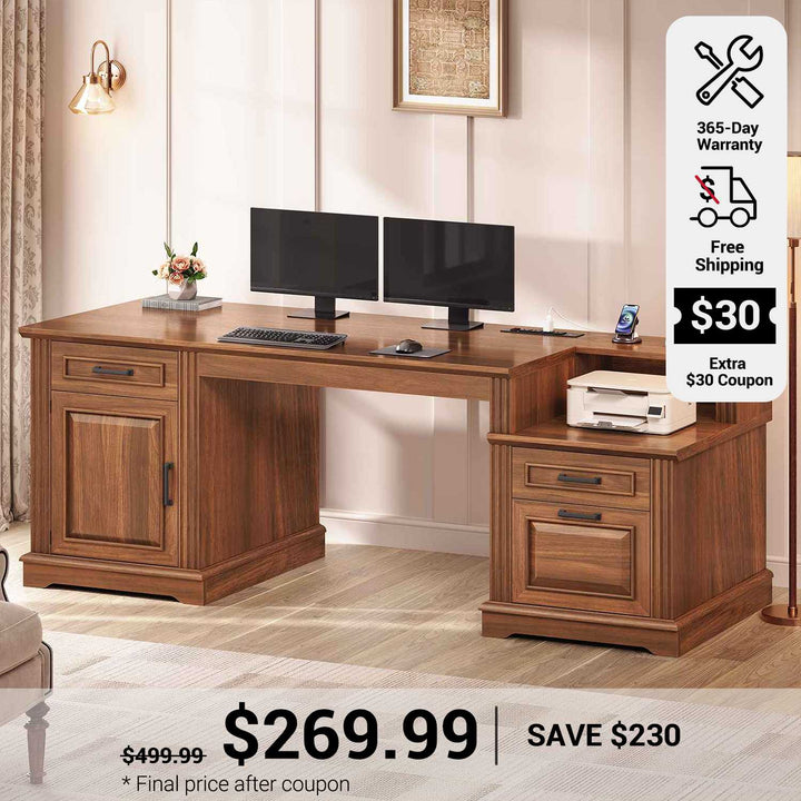SEDETA  62 Inch Farmhouse Executive Desk Home Office Desk with  3 Drawers and Storage Cabinet Computer Desk with Power Outlet for Home Office