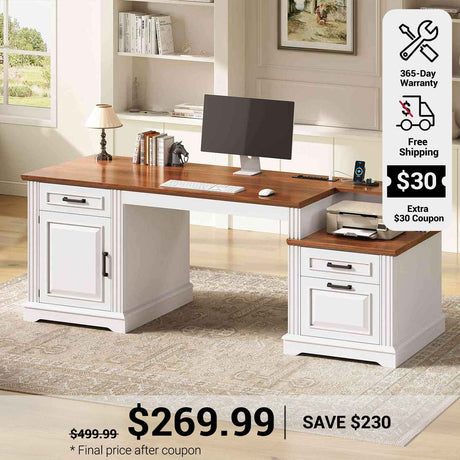 SEDETA  62 Inch Farmhouse Executive Desk Home Office Desk with  3 Drawers and Storage Cabinet Computer Desk with Power Outlet for Home Office