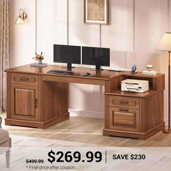 SEDETA  62 Inch Farmhouse Executive Desk Home Office Desk with  3 Drawers and Storage Cabinet Computer Desk with Power Outlet for Home Office