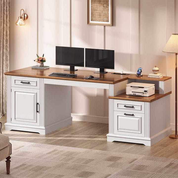 SEDETA  62 Inch Farmhouse Executive Desk Home Office Desk with  3 Drawers and Storage Cabinet Computer Desk with Power Outlet for Home Office