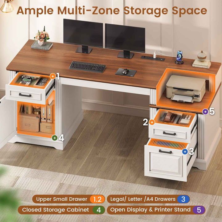 SEDETA  62 Inch Farmhouse Executive Desk Home Office Desk with  3 Drawers and Storage Cabinet Computer Desk with Power Outlet for Home Office