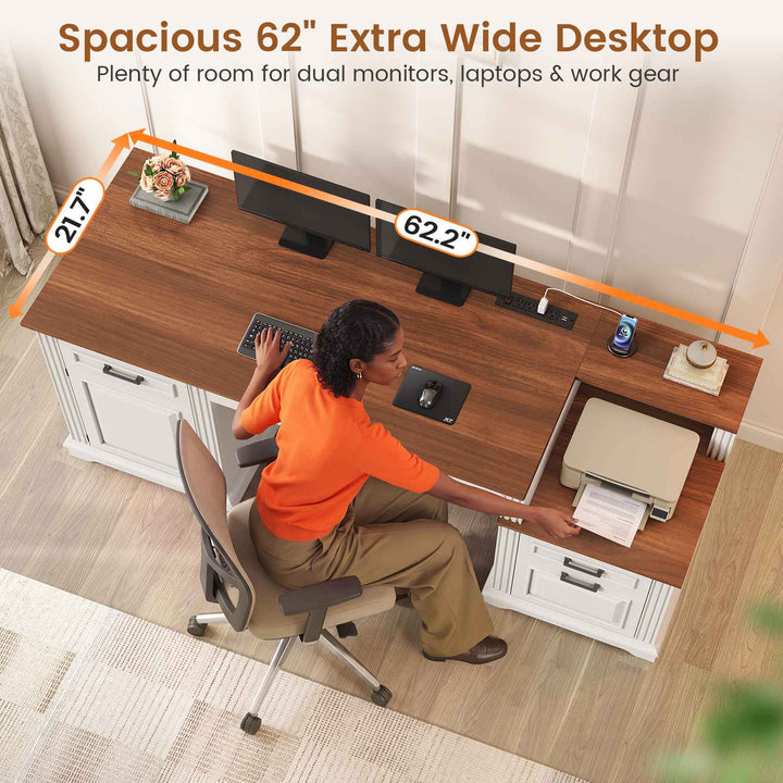 SEDETA  62 Inch Farmhouse Executive Desk Home Office Desk with  3 Drawers and Storage Cabinet Computer Desk with Power Outlet for Home Office