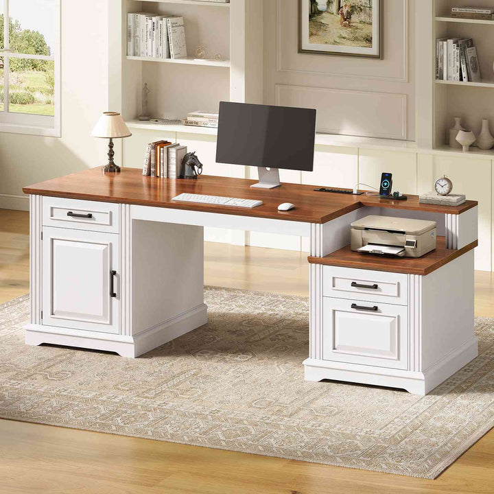 SEDETA  62 Inch Farmhouse Executive Desk Home Office Desk with  3 Drawers and Storage Cabinet Computer Desk with Power Outlet for Home Office