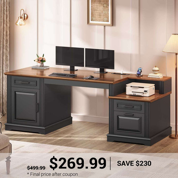 SEDETA  62 Inch Farmhouse Executive Desk Home Office Desk with  3 Drawers and Storage Cabinet Computer Desk with Power Outlet for Home Office