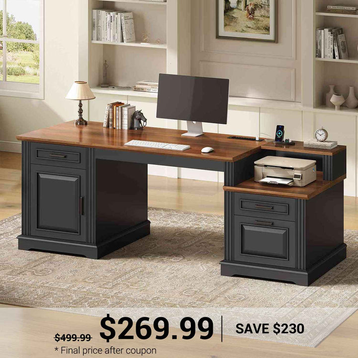 SEDETA  62 Inch Farmhouse Executive Desk Home Office Desk with  3 Drawers and Storage Cabinet Computer Desk with Power Outlet for Home Office