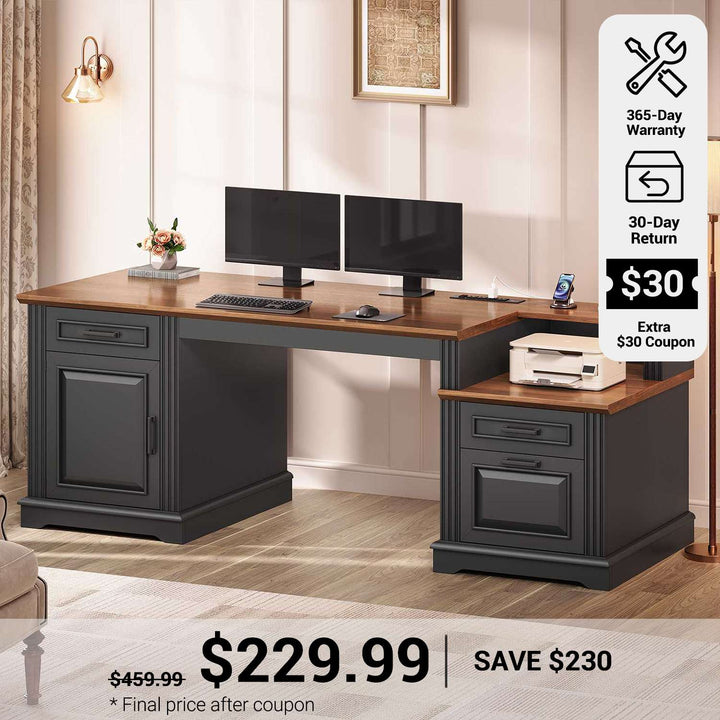 SEDETA® 62 Inch Home Office Desk with  3 Drawers Farmhouse Executive Desk with Storage Cabinet Computer Desk with Power Outlet for Home Office