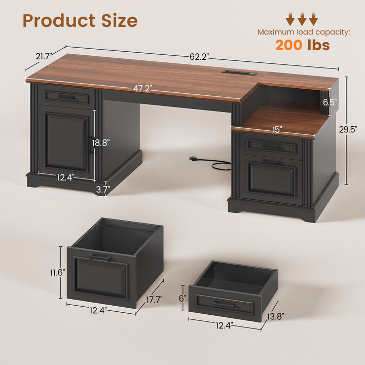 SEDETA  62 Inch Farmhouse Executive Desk Home Office Desk with  3 Drawers and Storage Cabinet Computer Desk with Power Outlet for Home Office