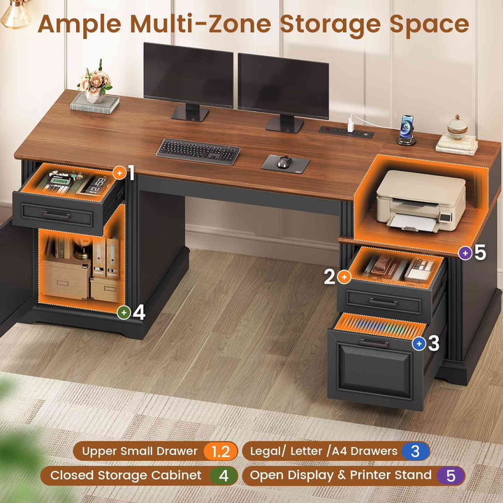 SEDETA  62 Inch Farmhouse Executive Desk Home Office Desk with  3 Drawers and Storage Cabinet Computer Desk with Power Outlet for Home Office