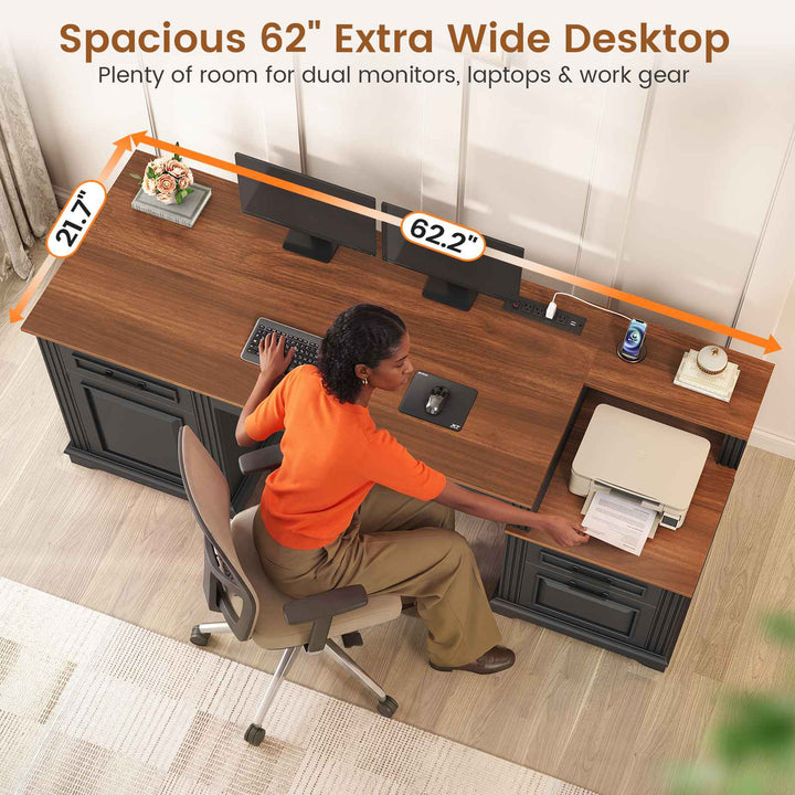 SEDETA  62 Inch Farmhouse Executive Desk Home Office Desk with  3 Drawers and Storage Cabinet Computer Desk with Power Outlet for Home Office