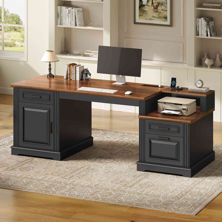 SEDETA  62 Inch Farmhouse Executive Desk Home Office Desk with  3 Drawers and Storage Cabinet Computer Desk with Power Outlet for Home Office