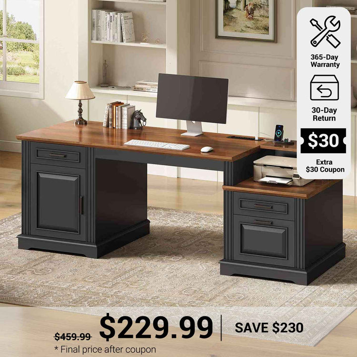 SEDETA® 62 Inch Home Office Desk with  3 Drawers Farmhouse Executive Desk with Storage Cabinet Computer Desk with Power Outlet for Home Office
