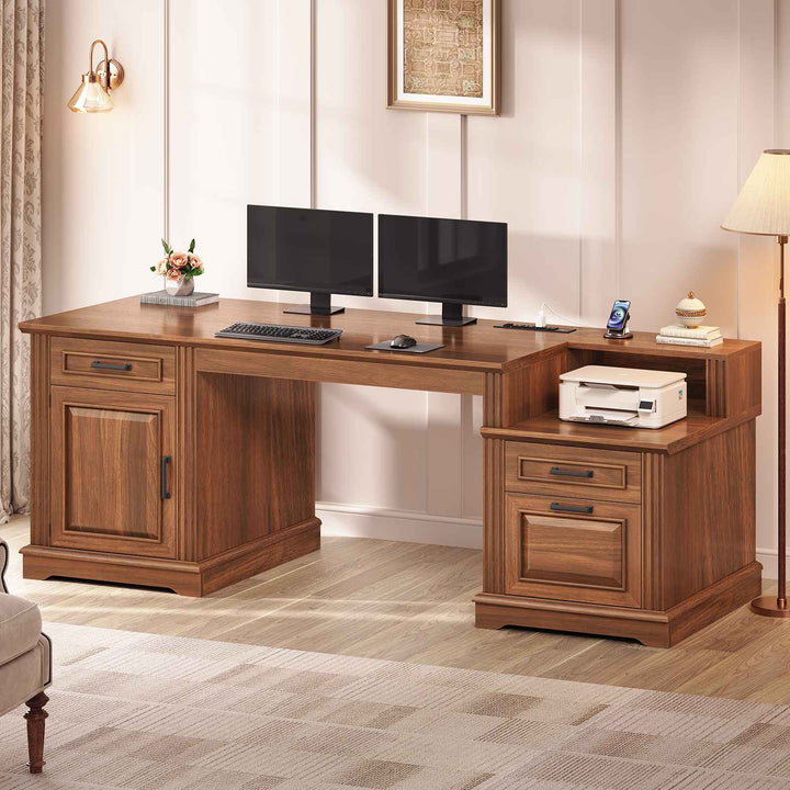 SEDETA  62 Inch Farmhouse Executive Desk Home Office Desk with  3 Drawers and Storage Cabinet Computer Desk with Power Outlet for Home Office