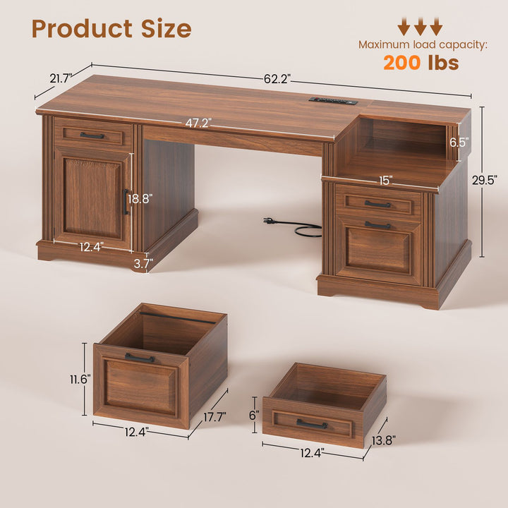 SEDETA  62 Inch Farmhouse Executive Desk Home Office Desk with  3 Drawers and Storage Cabinet Computer Desk with Power Outlet for Home Office