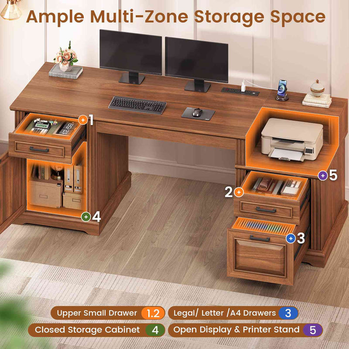 SEDETA  62 Inch Farmhouse Executive Desk Home Office Desk with  3 Drawers and Storage Cabinet Computer Desk with Power Outlet for Home Office