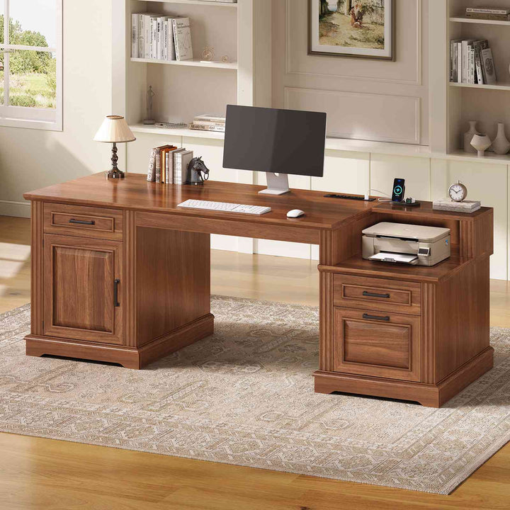 SEDETA  62 Inch Farmhouse Executive Desk Home Office Desk with  3 Drawers and Storage Cabinet Computer Desk with Power Outlet for Home Office