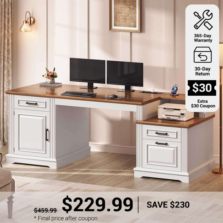 SEDETA® 62 Inch Home Office Desk with  3 Drawers Farmhouse Executive Desk with Storage Cabinet Computer Desk with Power Outlet for Home Office