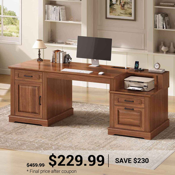 SEDETA | 62 Inch Farmhouse Computer Desk with Power Outlet Home Office Desk with  3 Drawers Executive Desk with Storage Cabinet for Home Office