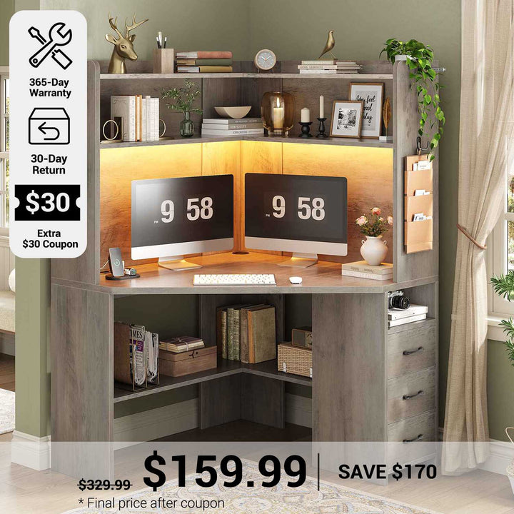 SEDETA® 31.5 Inch Corner Gaming Desk with 3 Drawers LED Lights Corner Desk for Small Space Corner Desk with Hutch Corner Computer Desk with Storage Shelves Power Strip for Home Office