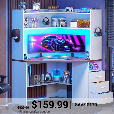 SEDETA | 31.5 Inch Corner Computer Desk with Storage Shelves Power Strip Corner Gaming Desk with 3 Drawers LED Lights Corner Desk for Small Space Corner Desk with Hutch for Home Office