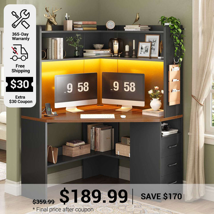SEDETA 31.5 Inch Corner Desk for Small Space Corner Gaming Desk with 3 Drawers LED Lights Corner Desk with Hutch Corner Computer Desk with Storage Shelves Power Strip for Home Office