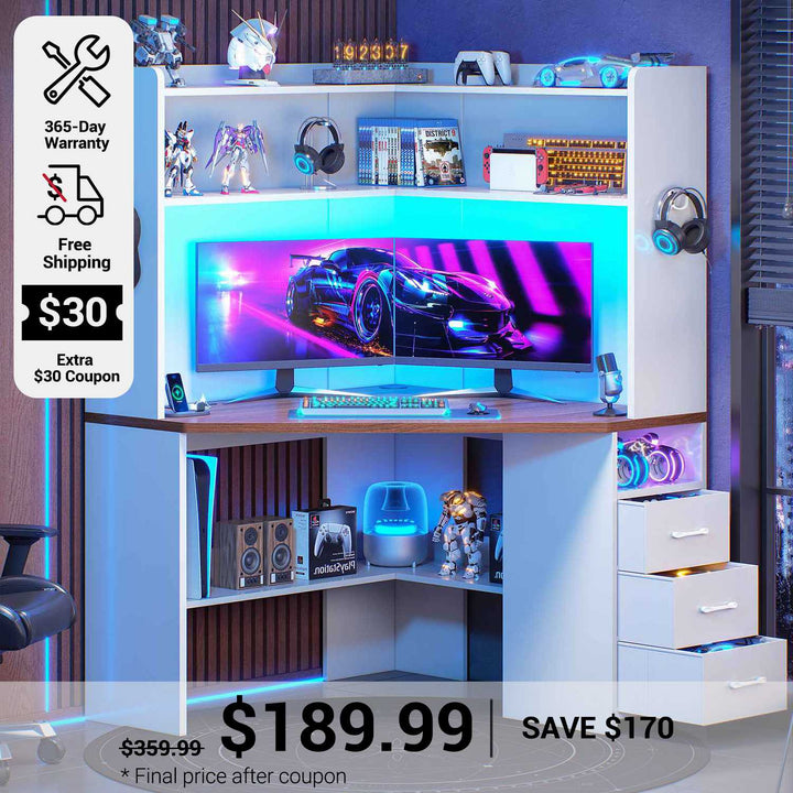 SEDETA 31.5 Inch Corner Desk for Small Space Corner Gaming Desk with 3 Drawers LED Lights Corner Desk with Hutch Corner Computer Desk with Storage Shelves Power Strip for Home Office
