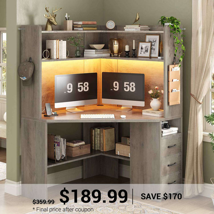 SEDETA 31.5 Inch Corner Desk for Small Space Corner Gaming Desk with 3 Drawers LED Lights Corner Desk with Hutch Corner Computer Desk with Storage Shelves Power Strip for Home Office
